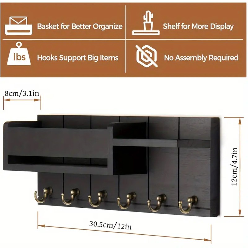 Wall-Mounted Key Holder & Mail Organizer with Hooks - Entryway Storage & Decor gallery