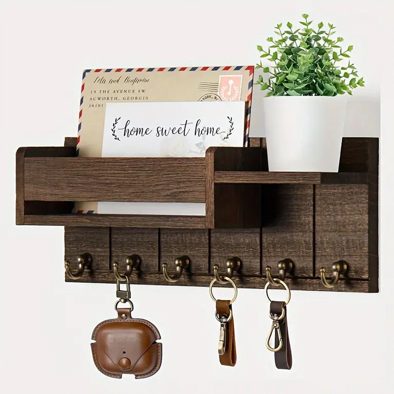 Wall-Mounted Key Holder & Mail Organizer with Hooks - Entryway Storage & Decor gallery