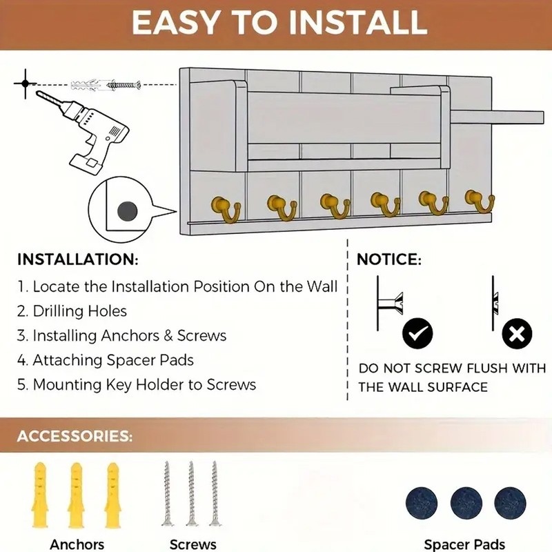 Wall-Mounted Key Holder & Mail Organizer with Hooks - Entryway Storage & Decor gallery